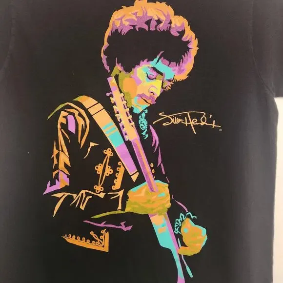 Jimmy Hendrix Black Graphic Tee Orange Green Rock Guitar Pink Men's Size Small - Picture 3 of 4